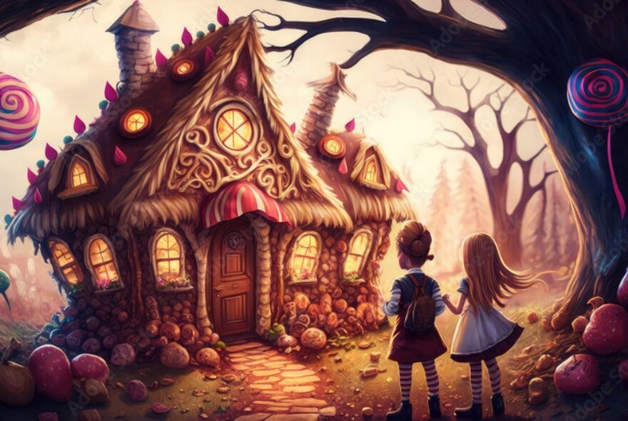 An illustration of two young children, Hansel & Gretel, standing outside the front of a fairy tale cottage in a forest.