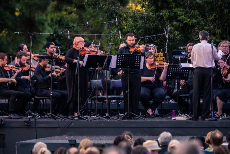 An orchestra playing live on an outdoor stage, trees in the background.