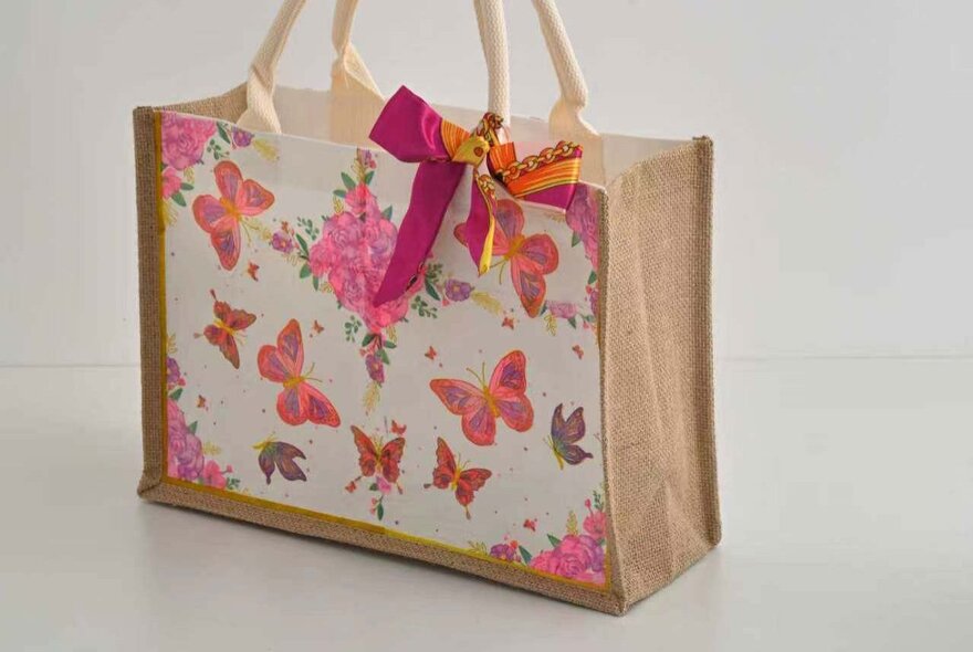 A tote bag decorated in butterflies and a pink ribbon using decoupage techniques