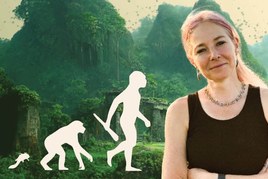 Professor Alice Roberts, in front of an image of the Amazon Rainforest with three white silhouettes representing evolution from animal to human.