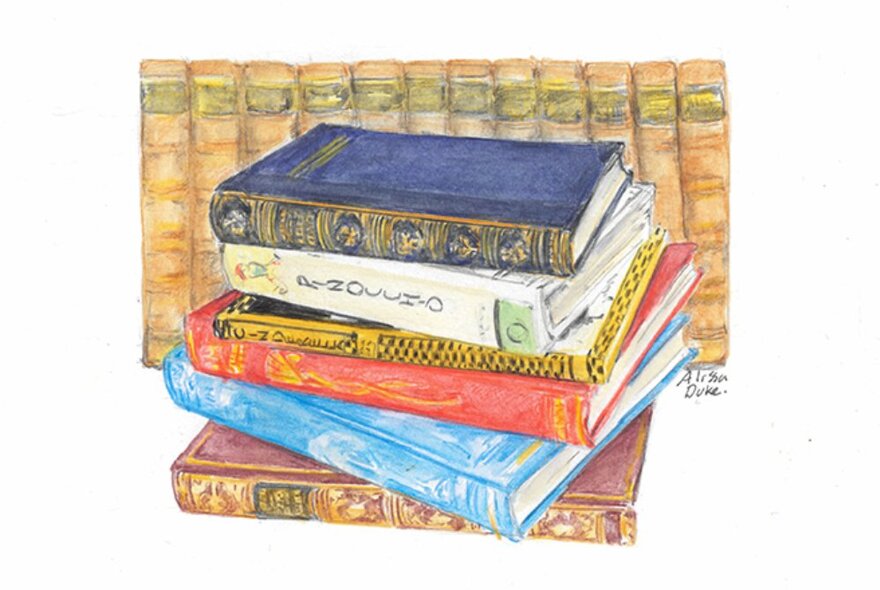 A colourful drawing of a pile of hardback books, stacked on top of each other, spines facing out.