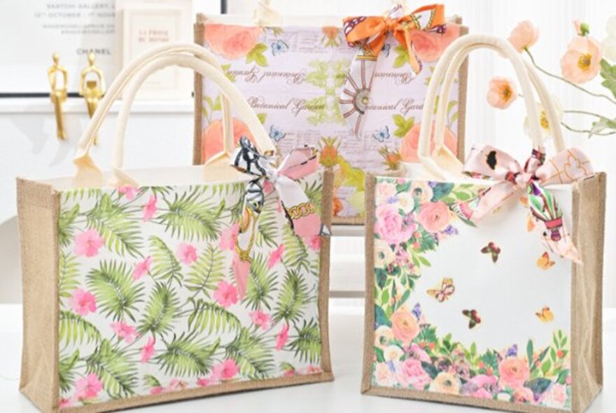 Three tote bagx decorated in butterflies and flowers using decoupage techniques.