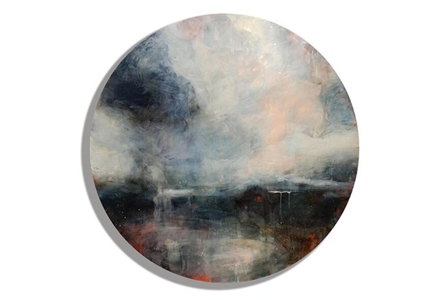 A circular picture showing an obscured landscape blurred in process that involves a thin layer of wax.