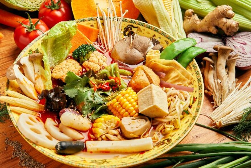 Bowl of various Chinese-style vegetables.