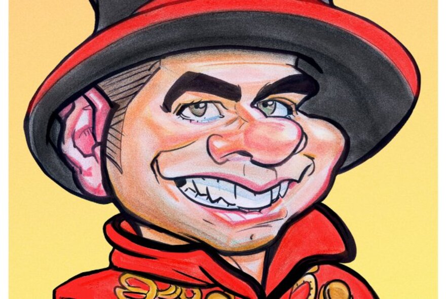 A caricature of magician Christ Morant with his red ringmaster's coat and hat. 