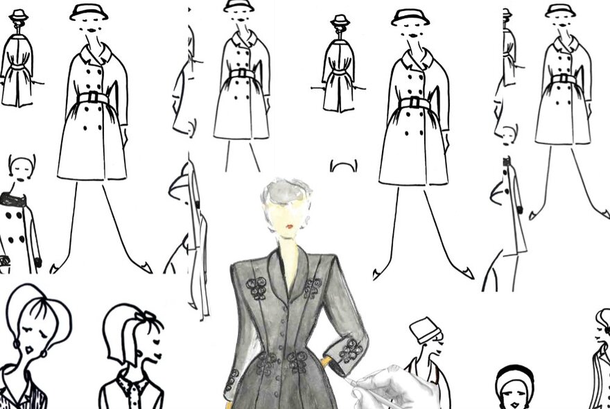 Fashion sketches showing multiple figures and silhouettes wearing coats. 