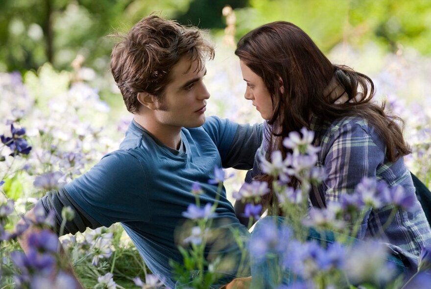 A still image from the movie Twilight with the two leads in a field of flowers.