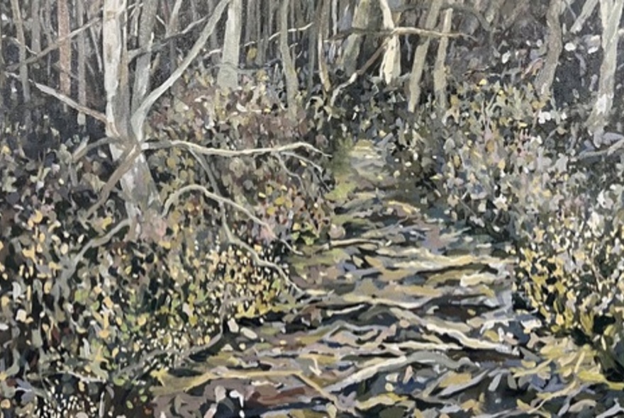 Painting of bare trees and branches in a forest setting.