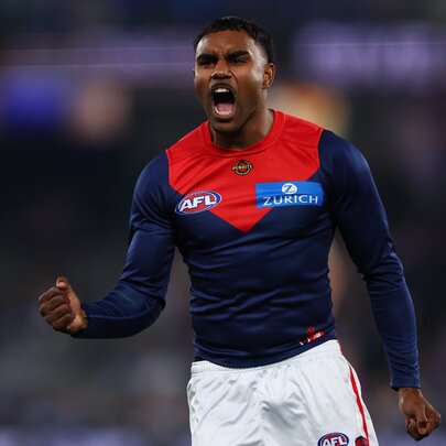 Melbourne player Kozzy Pickett celebrates with a fist pump. 