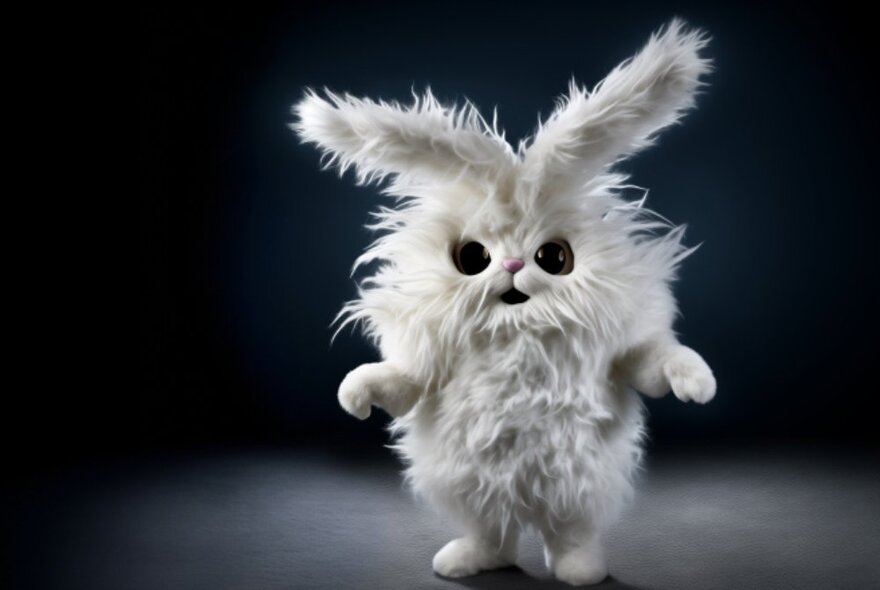 A scary looking scraggy white bunny toy. 