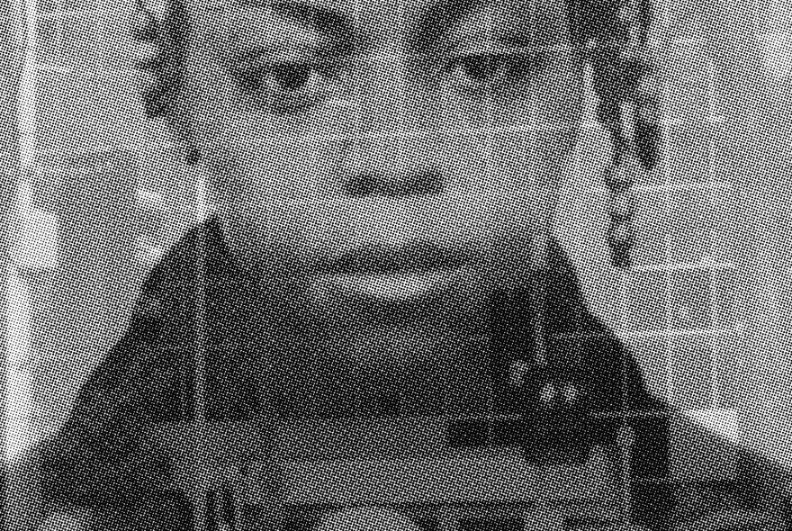 Artwork of image of young girl's face juxtaposed against a grid-like background.