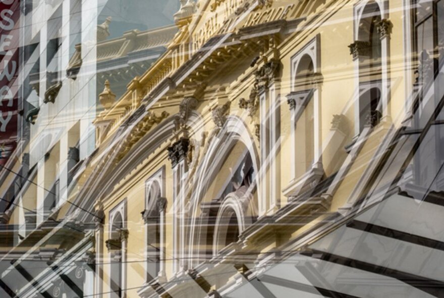 Double exposed image of the facade of two buildings in Melbourne's city centre.