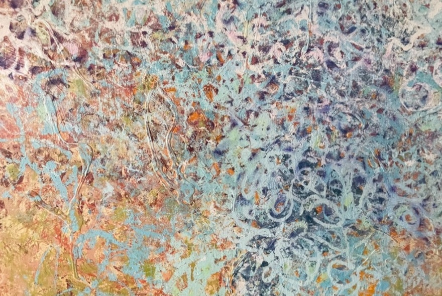 An abstract painting of swirls of lines and colours.