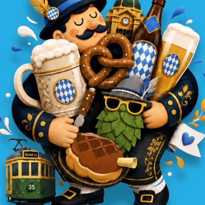 Oktoberfest-themed illustration with man wearing a Tyrolean hat holding steins of beer, pretzel and meat, with a Melbourne tram.