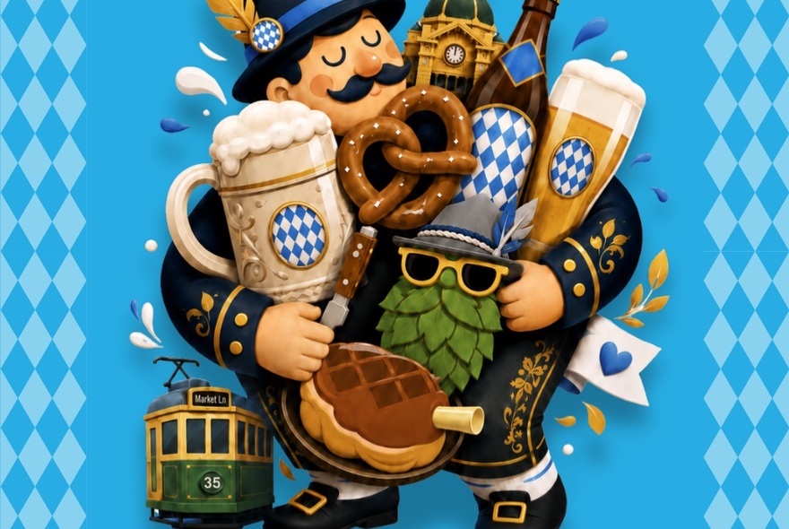 Oktoberfest-themed illustration with man wearing a Tyrolean hat holding steins of beer, pretzel and meat, with a Melbourne tram.