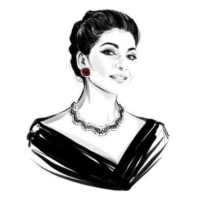 Illustration depicts the opera singer Maria Callas, captured in a black-and-white style with contrasting red earrings.