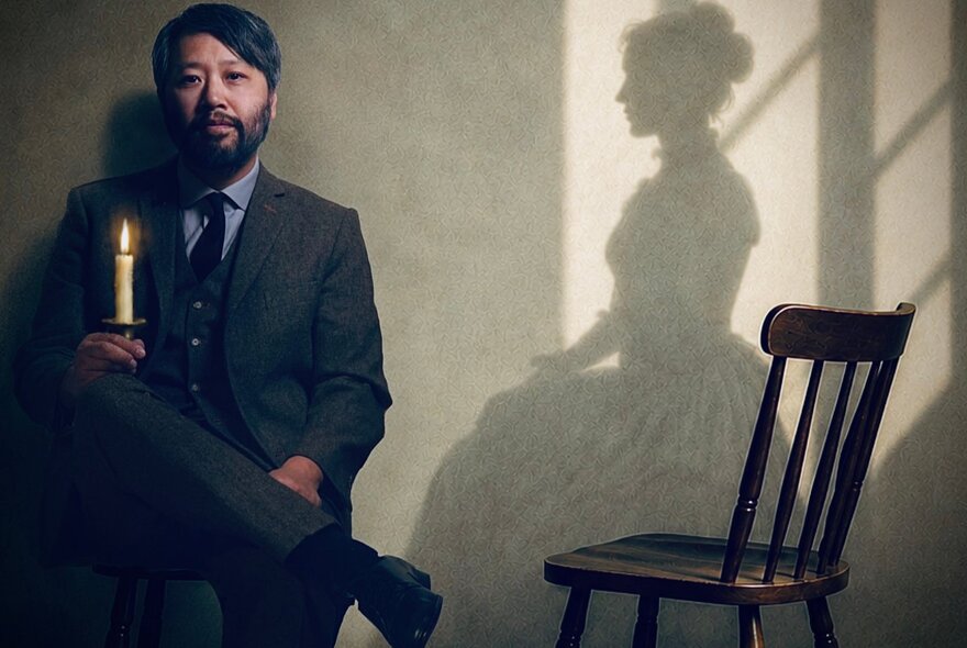 A man in a three-piece suit sitting on a stool holding a lit candle, with the shadow silhouette of a woman wearing a Victorian-style gown sitting in an empty wooden chair positioned next to him on the wall.