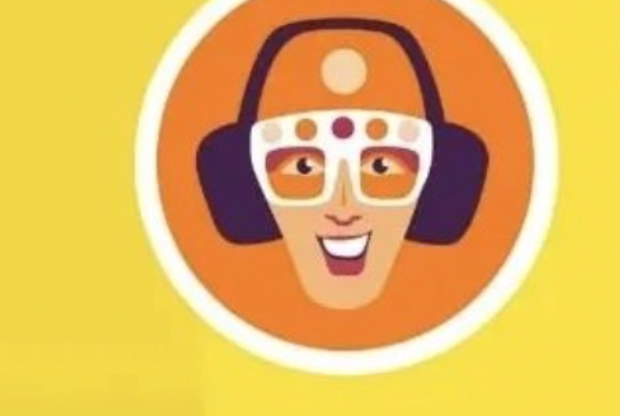 Graphic illustration of a head wearing oversize white glasses and large headphones, encircled in a white ring on a bright yellow background.
