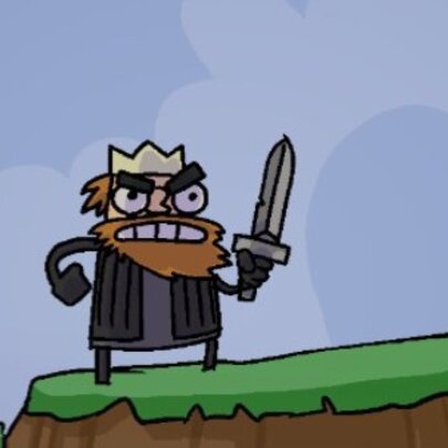 Cartoon Macbeth figure waving a sword on a grassy hill.