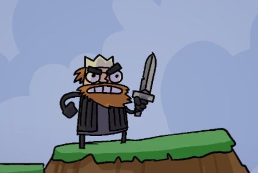 Cartoon Macbeth figure waving a sword on a grassy hill.