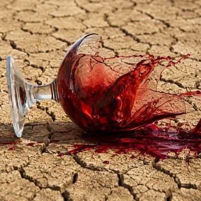 Glass of red wine lying broken on parched ground.