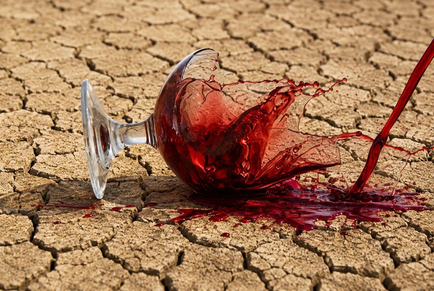 Glass of red wine lying broken on parched ground.
