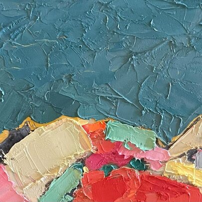 An abstract oil painting with a deep sky and coloured patched landscape. 