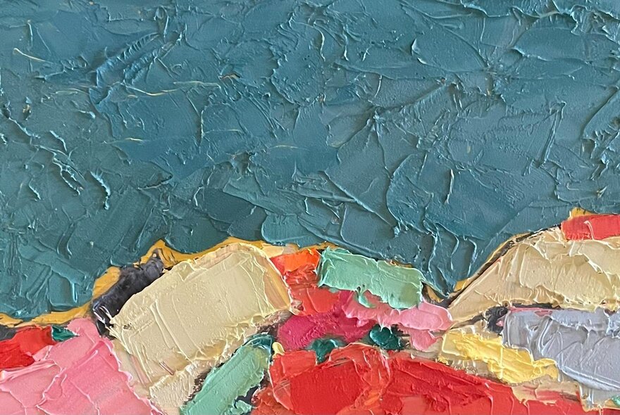 An abstract oil painting with a deep sky and coloured patched landscape. 