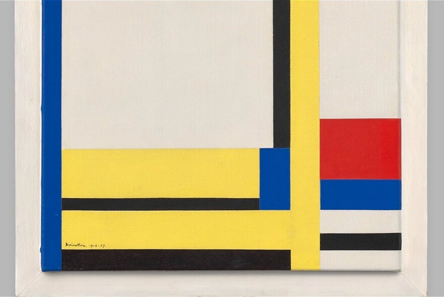 Mondrian-influenced abstract artwork with stripes of yellow, black, blue and red.