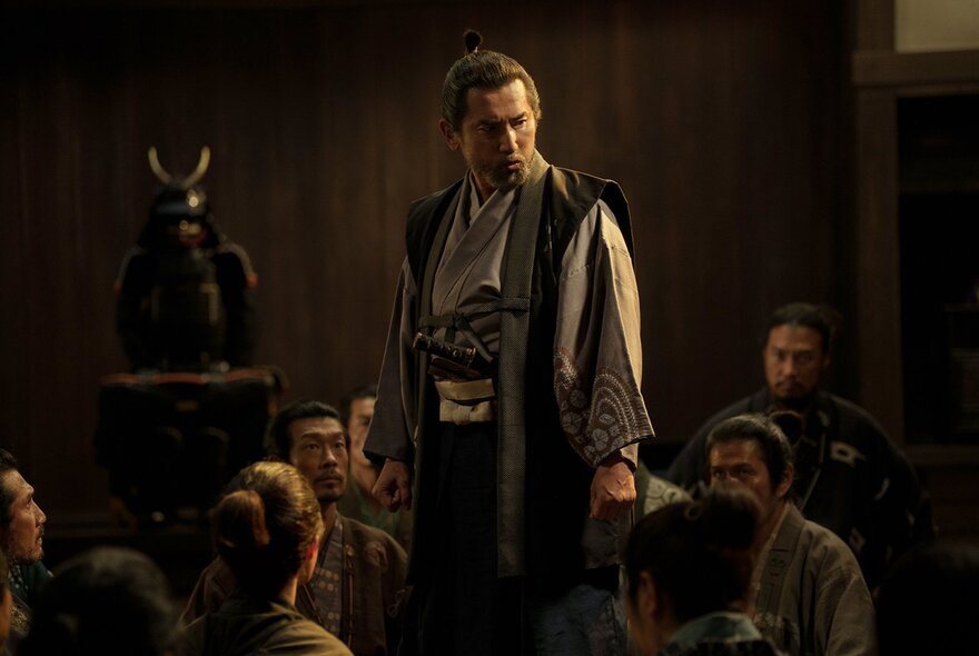 Japanese actor Masahiro Motoki as Lord Murashige Araki in a still from the historical mystery film The Samurai and the Prisoner.