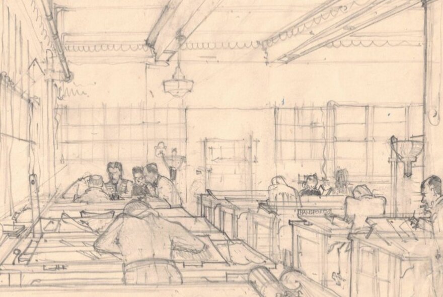 A pencil sketch of a room with a high ceiling, and people working at desks and tables.