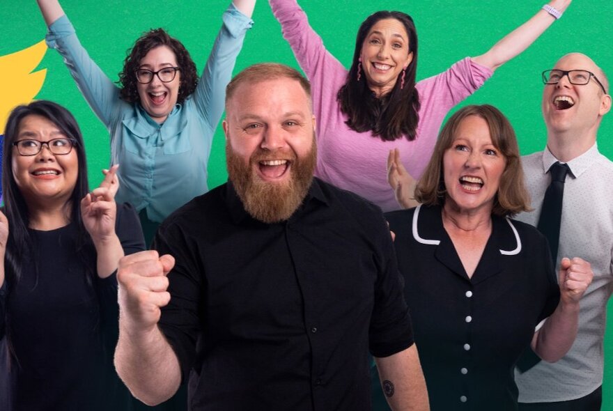 Six impro actors looking happy and smiling against a green background.