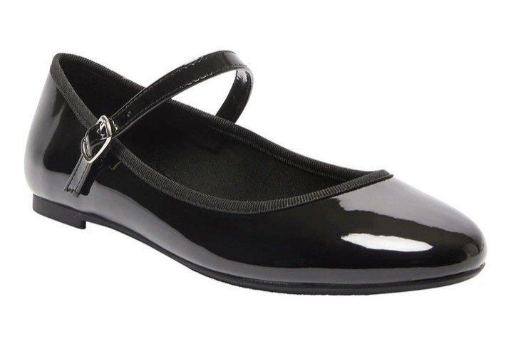 A black ballet flat shoe.