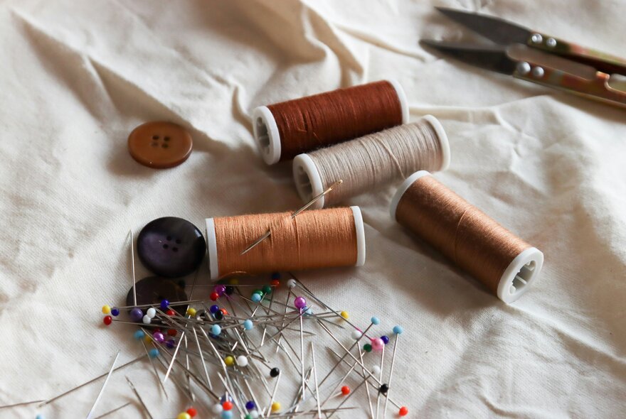 Sewing needles, thread and buttons