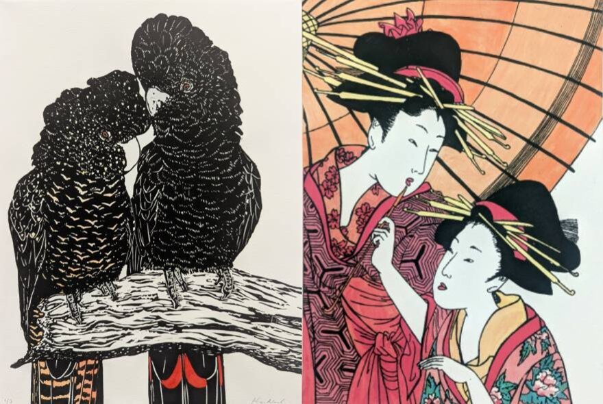 Two artwork prints, side by side; one of a two black cockatoos perched close together on a tree branch; the other of two Japanese geishas in full costume with their heads close together. 
