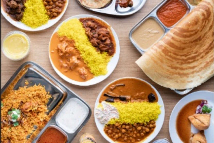 Plates of Indian food.