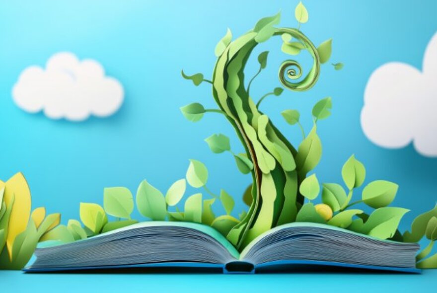 Beanstalk growing from an open book with clouds and blue sky.