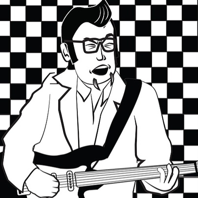 A black and white illustration of a man with an Elvis hairdo singing while playing an electric guitar with a chequerboard background. 
