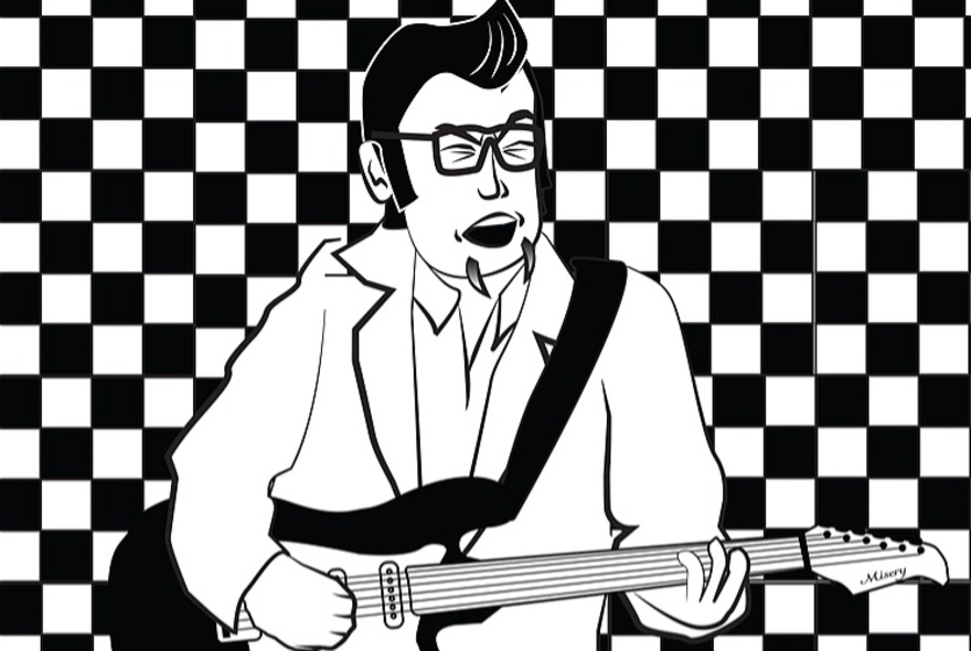 A black and white illustration of a man with an Elvis hairdo singing while playing an electric guitar with a chequerboard background. 