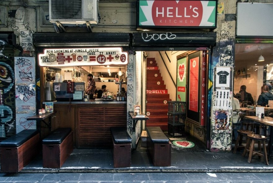 Small juice bar with bench seats outside in Centre Place.