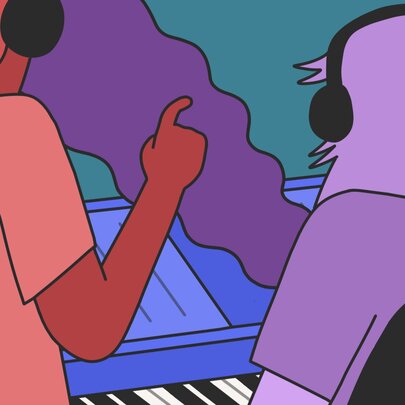 Cartoon like illustration of two people from behind, wearing headphones and working at a synthesizer keyboard. 