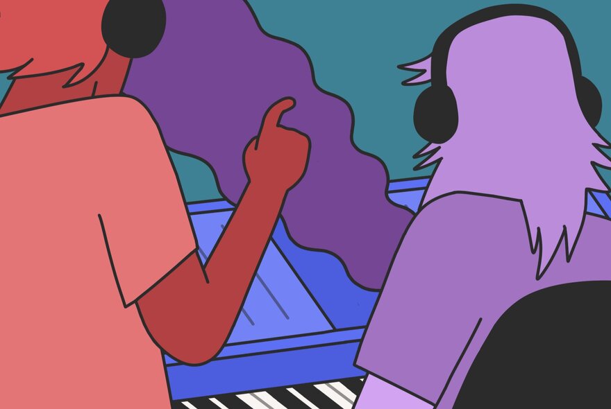 Cartoon like illustration of two people from behind, wearing headphones and working at a synthesizer keyboard. 
