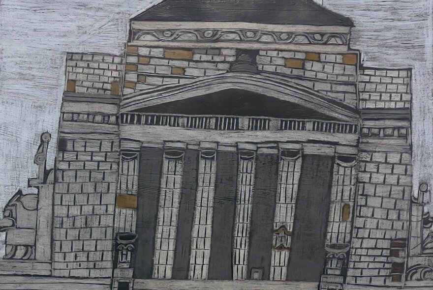 A monotone hand-drawing of a brick building with columns.