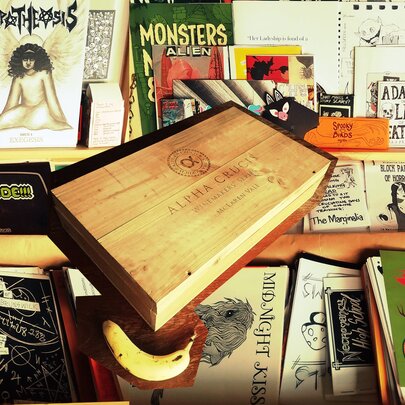 A light brown, rectangular wooden box sitting tilted on a shelf filled with various books, zines, and comics.