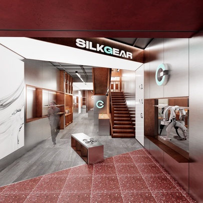 Interior of SilkGear store, featuring a modern design with wood and metal elements.