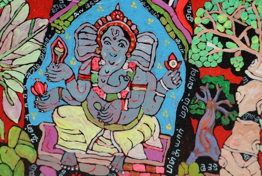 Detail of Indian artwork with Ganesh elephant image.