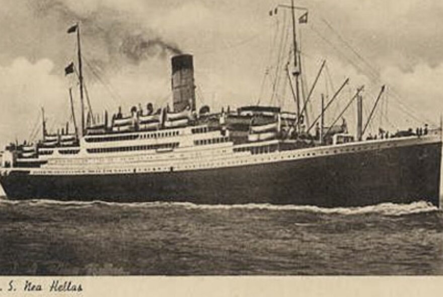 Black and white image of a passenger ship on the ocean, one of the many ships that transported migrants to Australia.