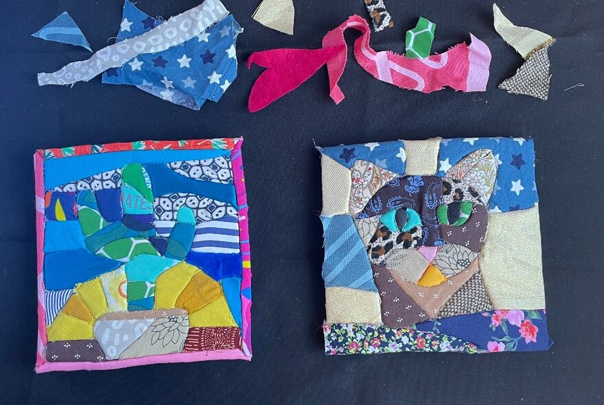 Two small collages created with fabric scraps.