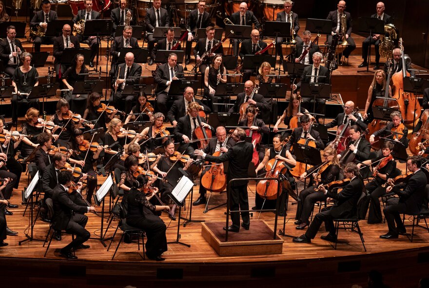 An orchestra on stage at Hamer Hall, playing their instruments, with a conductor in front of them.