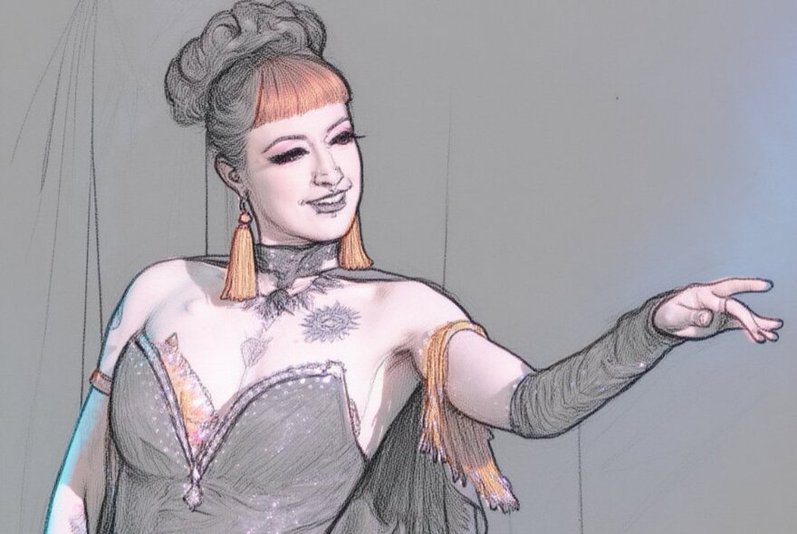An illustration of a tattooed burlesque performer wearing a black bustier and tassle earrings, looking at and pointing to something off to her left.